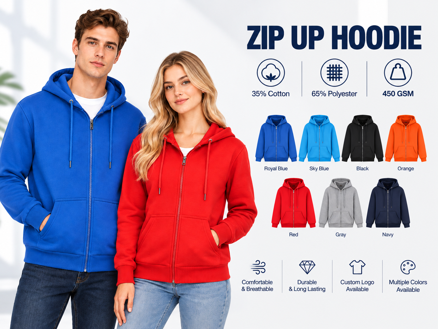 custom logo heavyweight 450gsm zip up hoodie