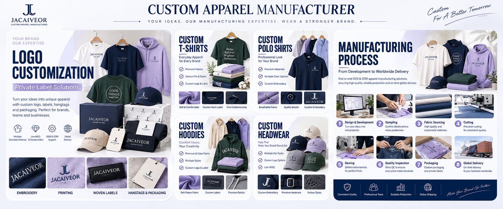 Jinhua JC Garment custom apparel categories, logo customization, T-shirts, polo shirts, hoodies, headwear and manufacturing process