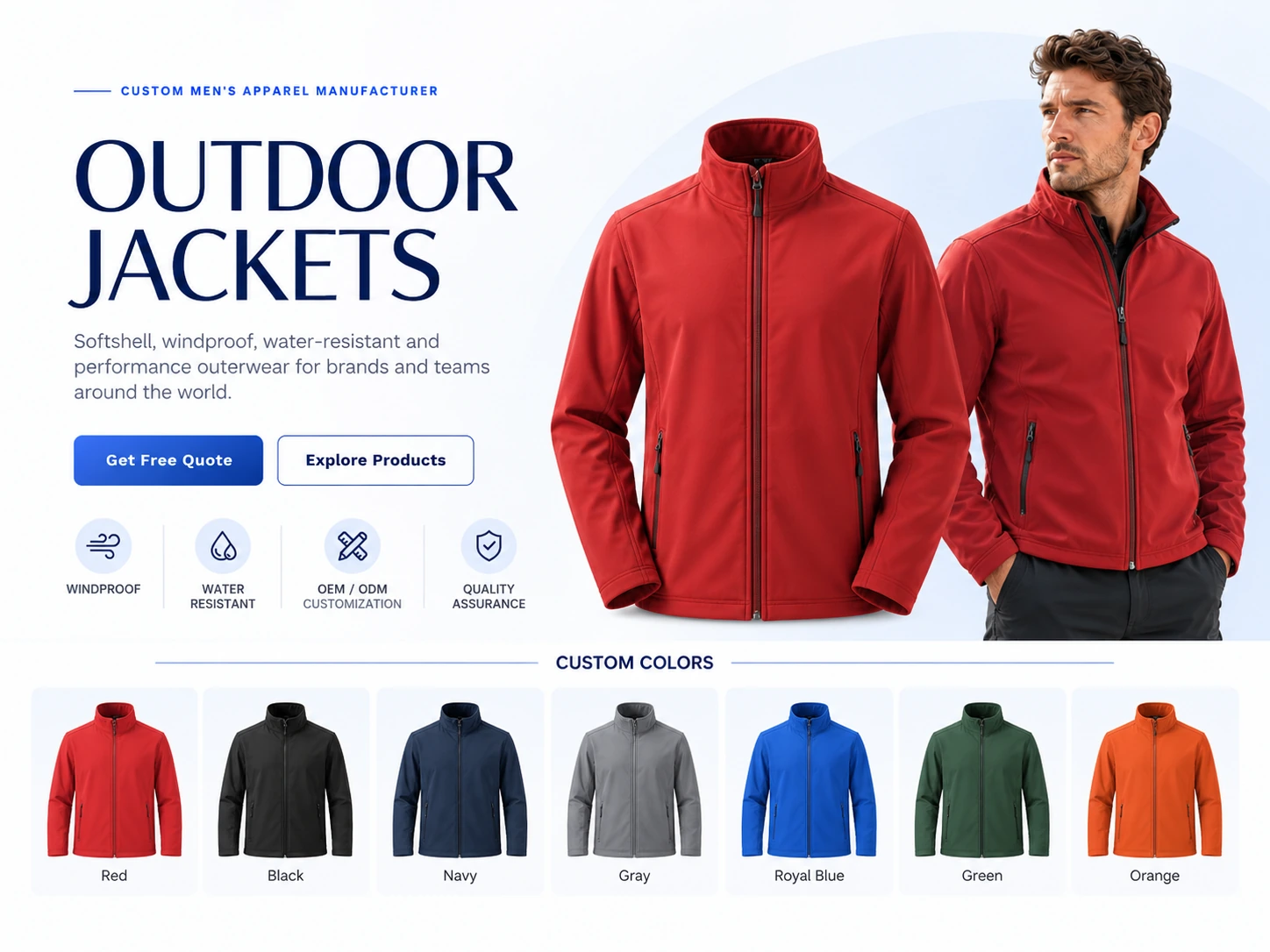 Custom red softshell outdoor jacket with model, jacket colorways and OEM ODM decoration options