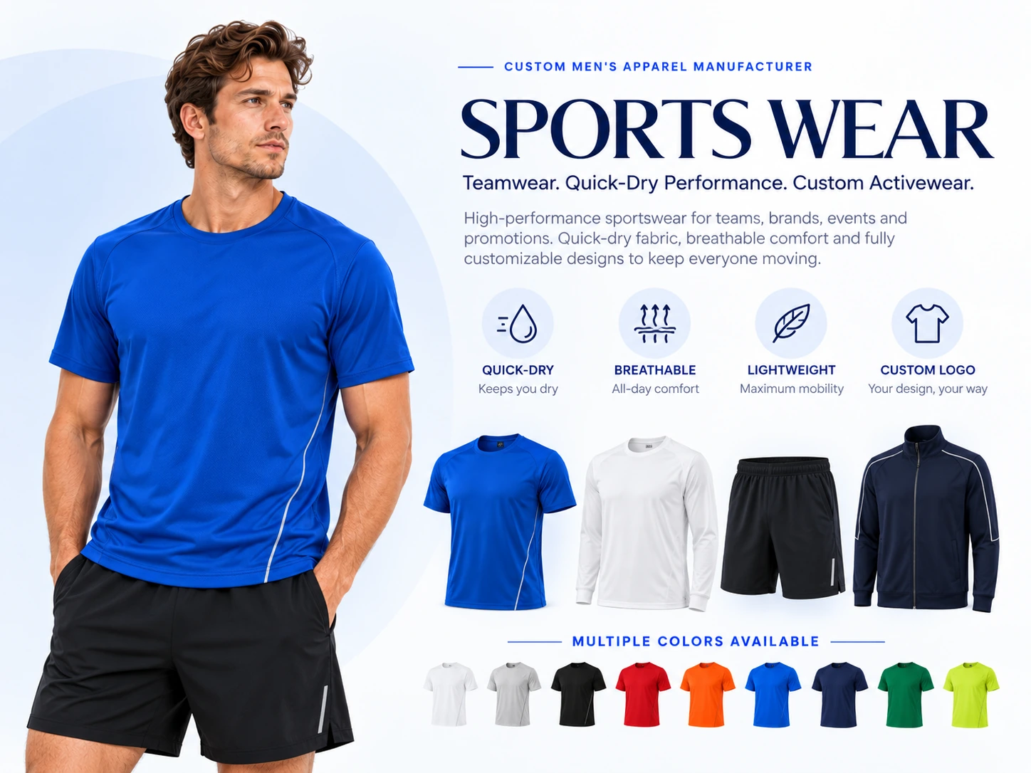 Men's blue activewear with quick-dry sportswear, shorts, long sleeve tops and color options
