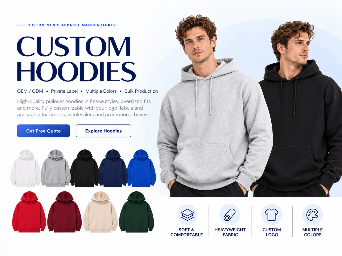 Custom hoodies on male models with fleece hoodies displayed in assorted colors