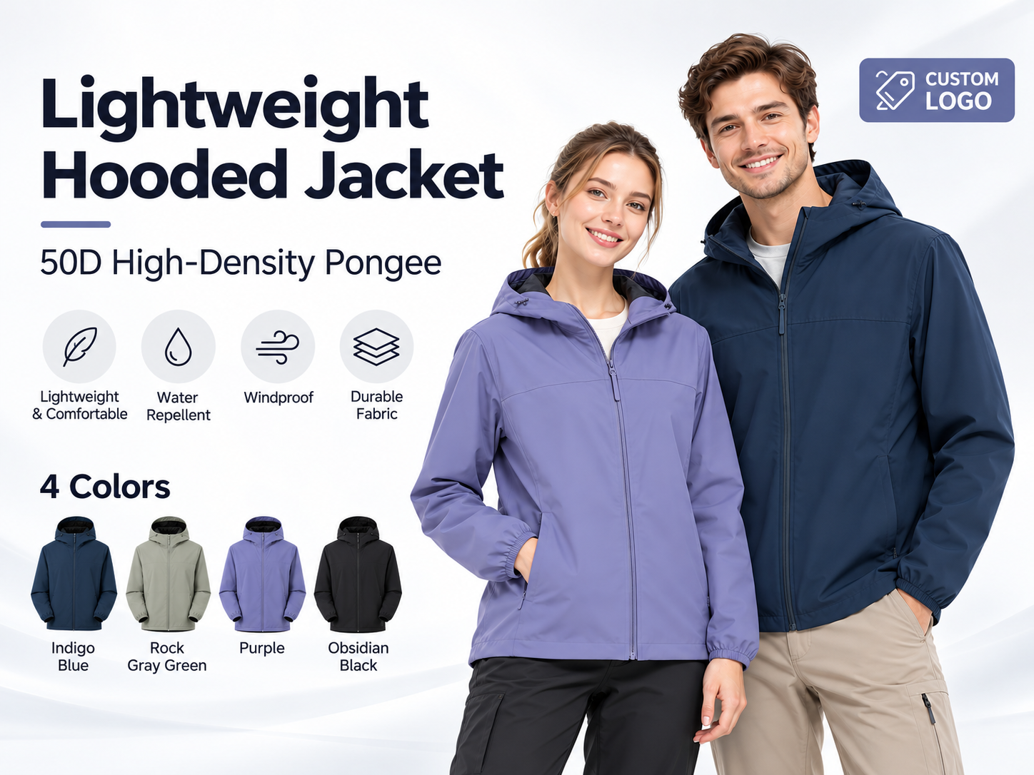 custom logo lightweight hooded jacket 50d high density pongee