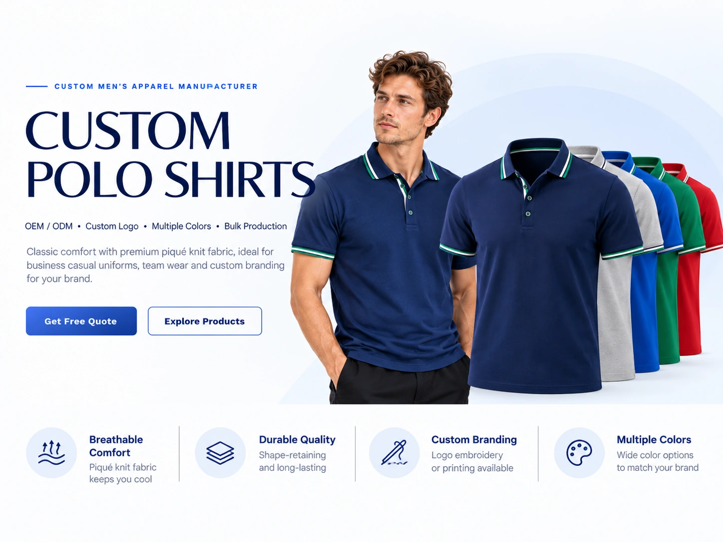 Custom navy piqué polo shirt collection with multiple colors and logo customization options