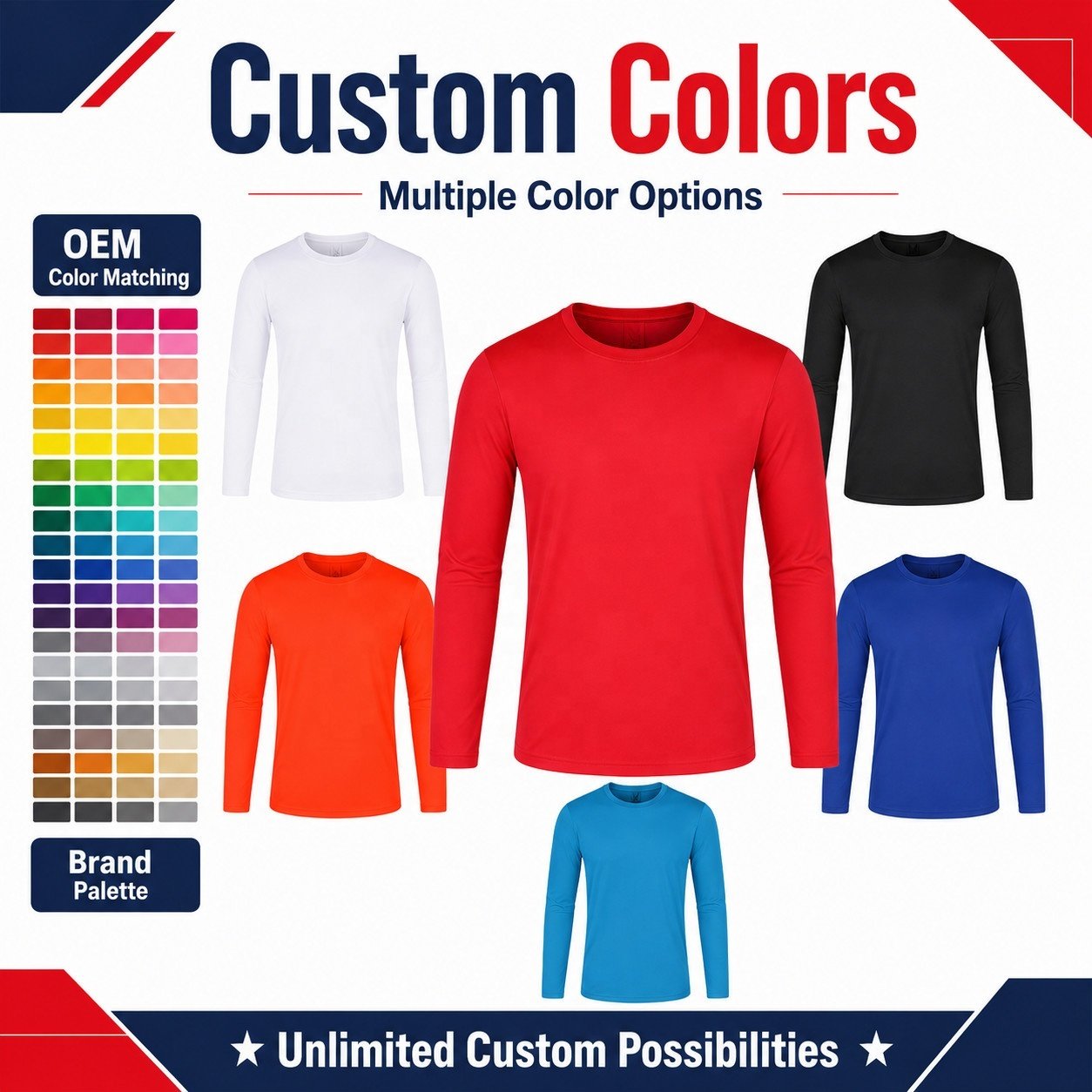 How Much Does a Custom Quick-Dry Long Sleeve T-Shirt Cost? Quick dry long sleeve performance T-shirt stock color comparison