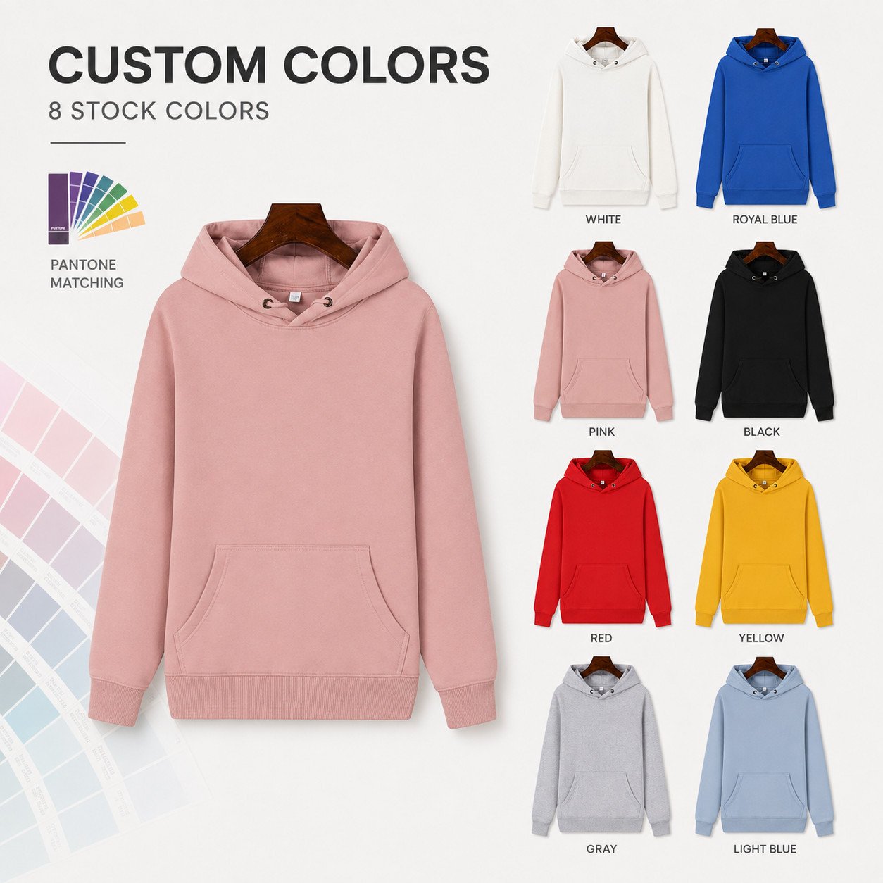 How Much Does a 360GSM Custom Hoodie Cost? Eight hoodie color options white royal blue pink black red yellow gray and light blue for private label customization