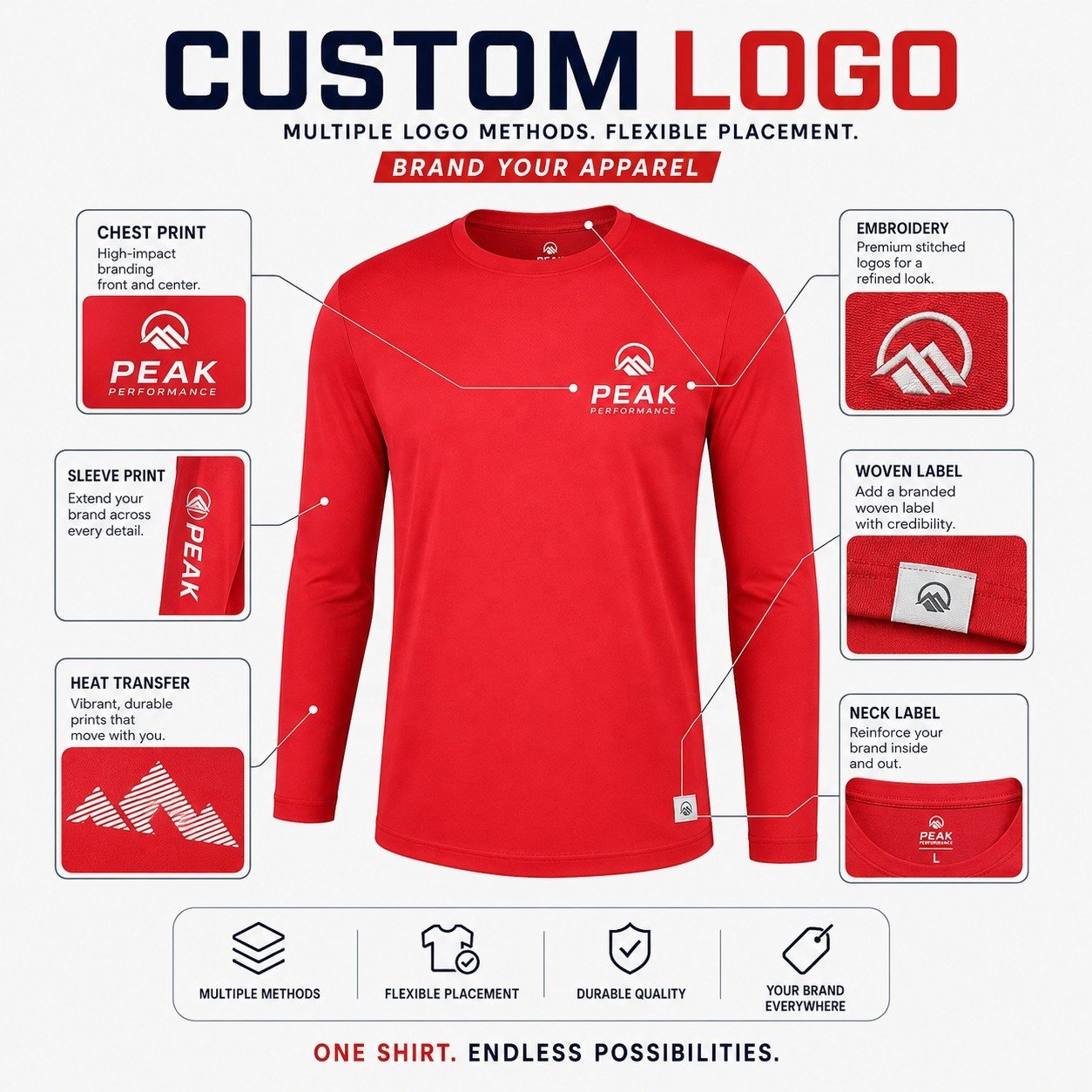How Much Does a Custom Quick-Dry Long Sleeve T-Shirt Cost? Custom branding on men polyester long sleeve T-shirt with logo printing and placement