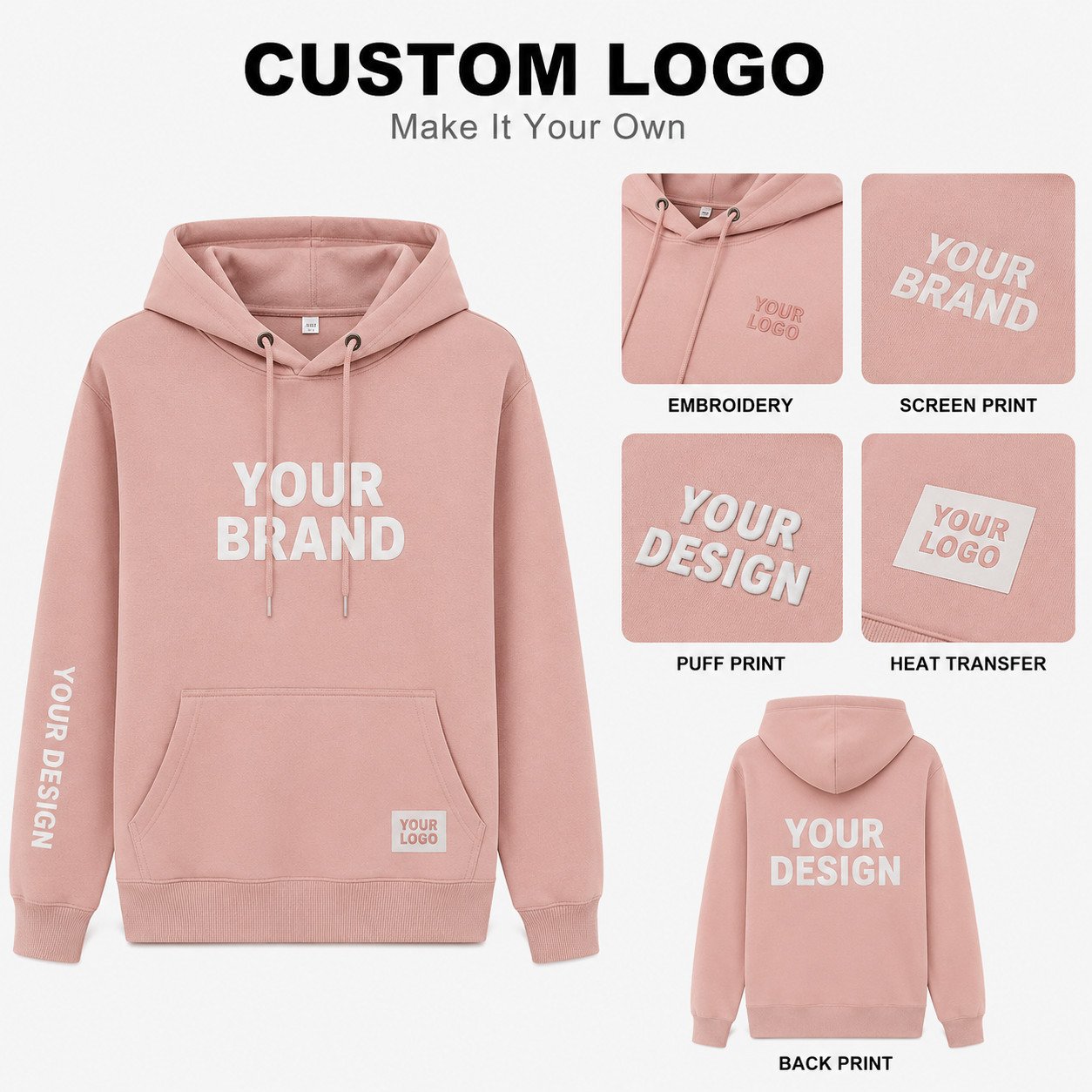 How Much Does a 360GSM Custom Hoodie Cost? Private label 360GSM hoodie decoration including embroidery screen printing puff print heat transfer and back print