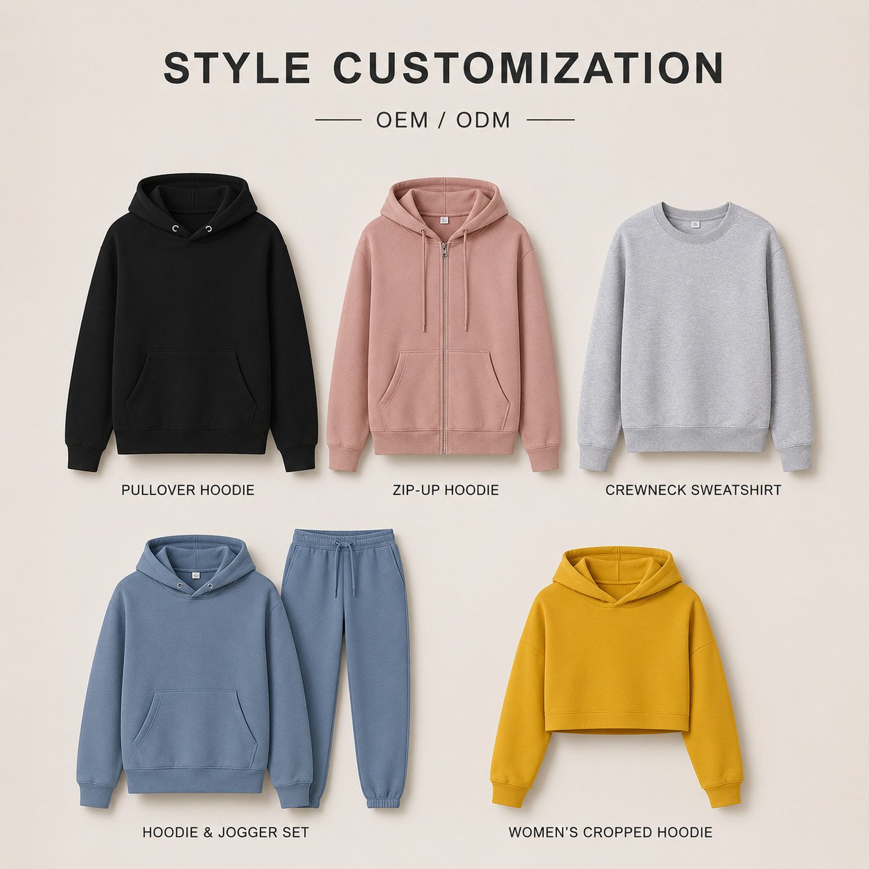 How Much Does a 360GSM Custom Hoodie Cost? Custom apparel silhouettes including pullover hoodie zip up hoodie crewneck sweatshirt hoodie and jogger set and cropped hoodie