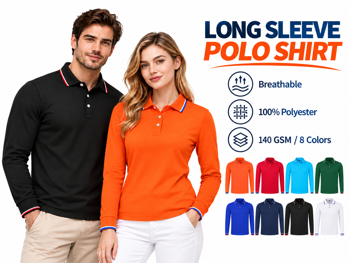 long sleeve polo shirt 100% polyester 140 gsm breathable plain solid golf shirt