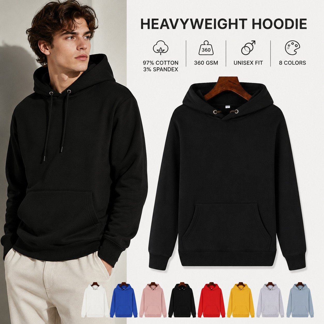 How Much Does a 360GSM Custom Hoodie Cost? 360GSM heavyweight custom hoodie in black with eight color choices; 97 percent cotton and 3 percent spandex