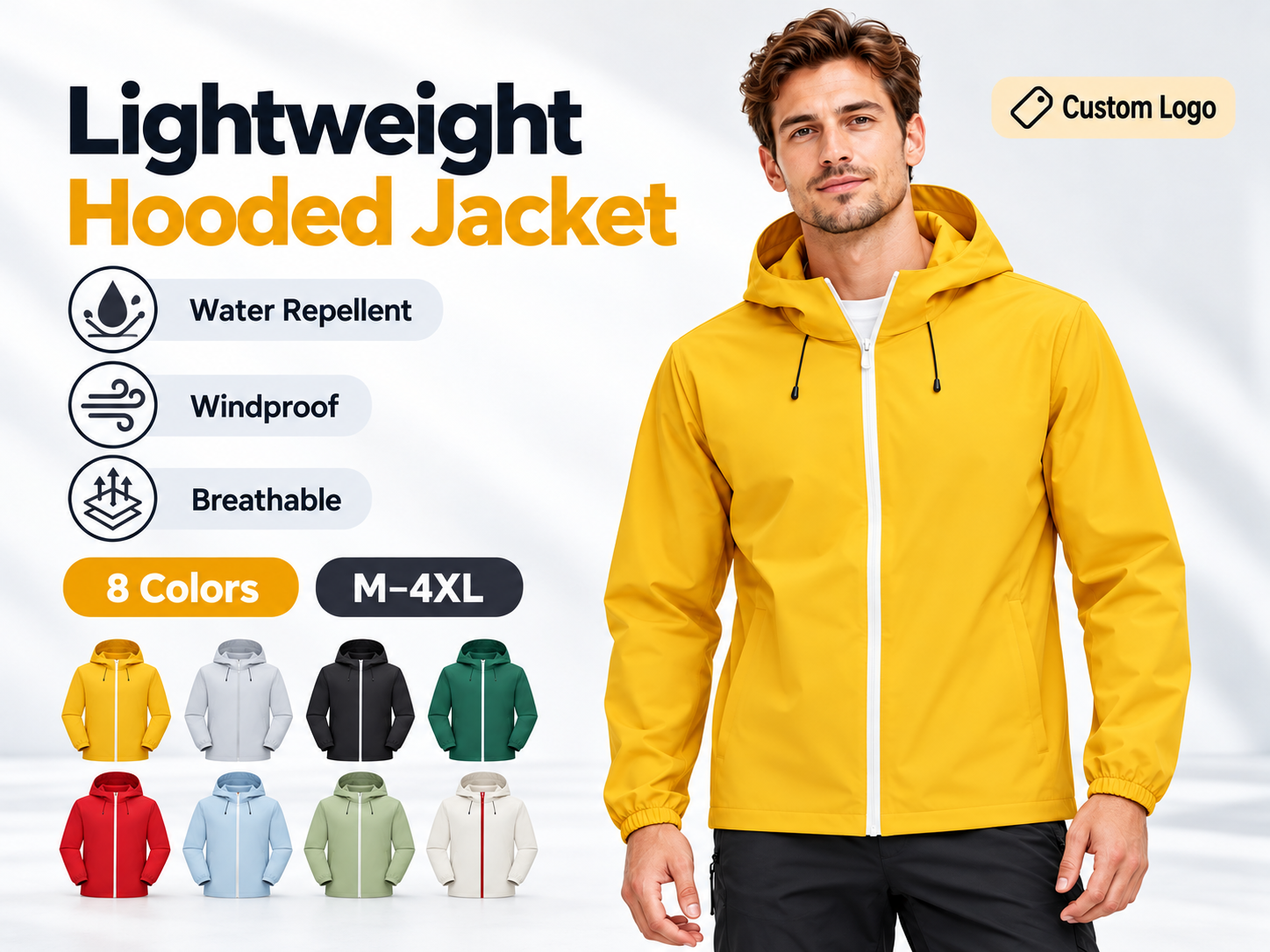 men lightweight hooded jacket water repellent windproof breathable zip up windbreaker