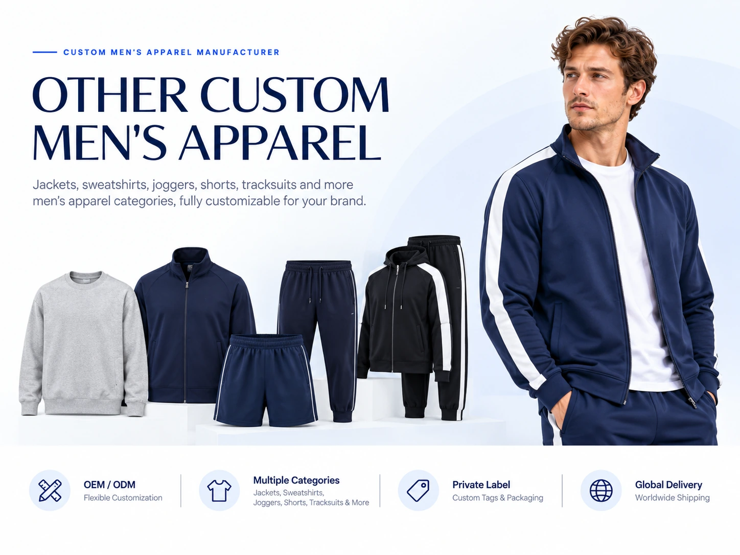 Other custom men's apparel including sweatshirts, joggers, shorts and casual tracksuits