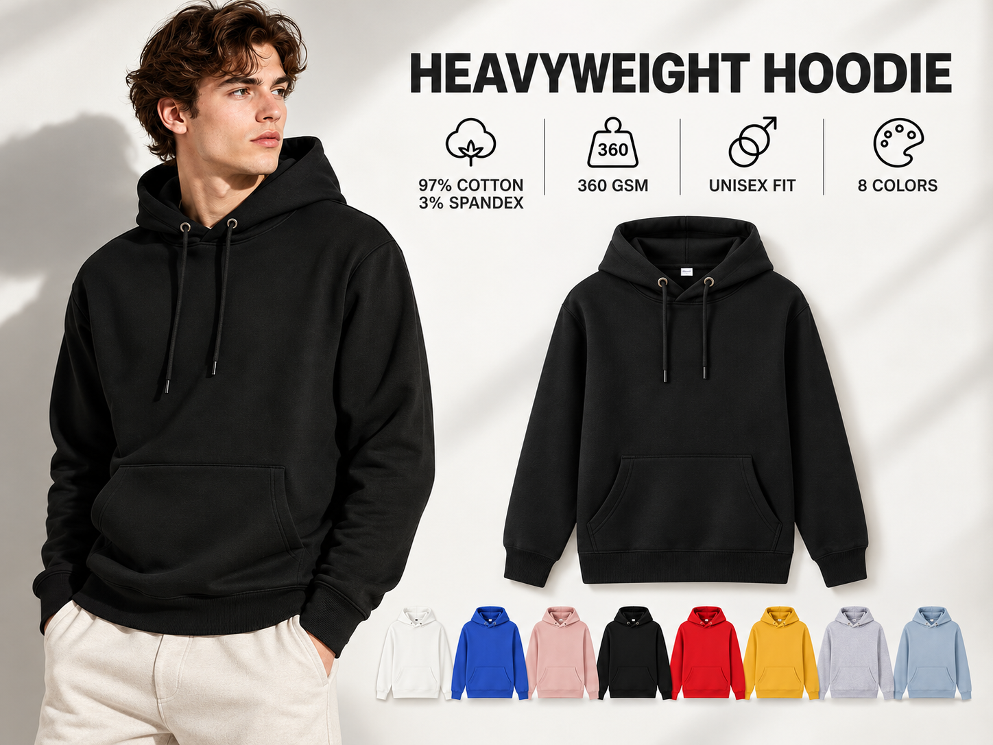 premium 360 gsm heavyweight hoodie 97% cotton 3% spandex custom logo blank streetwear