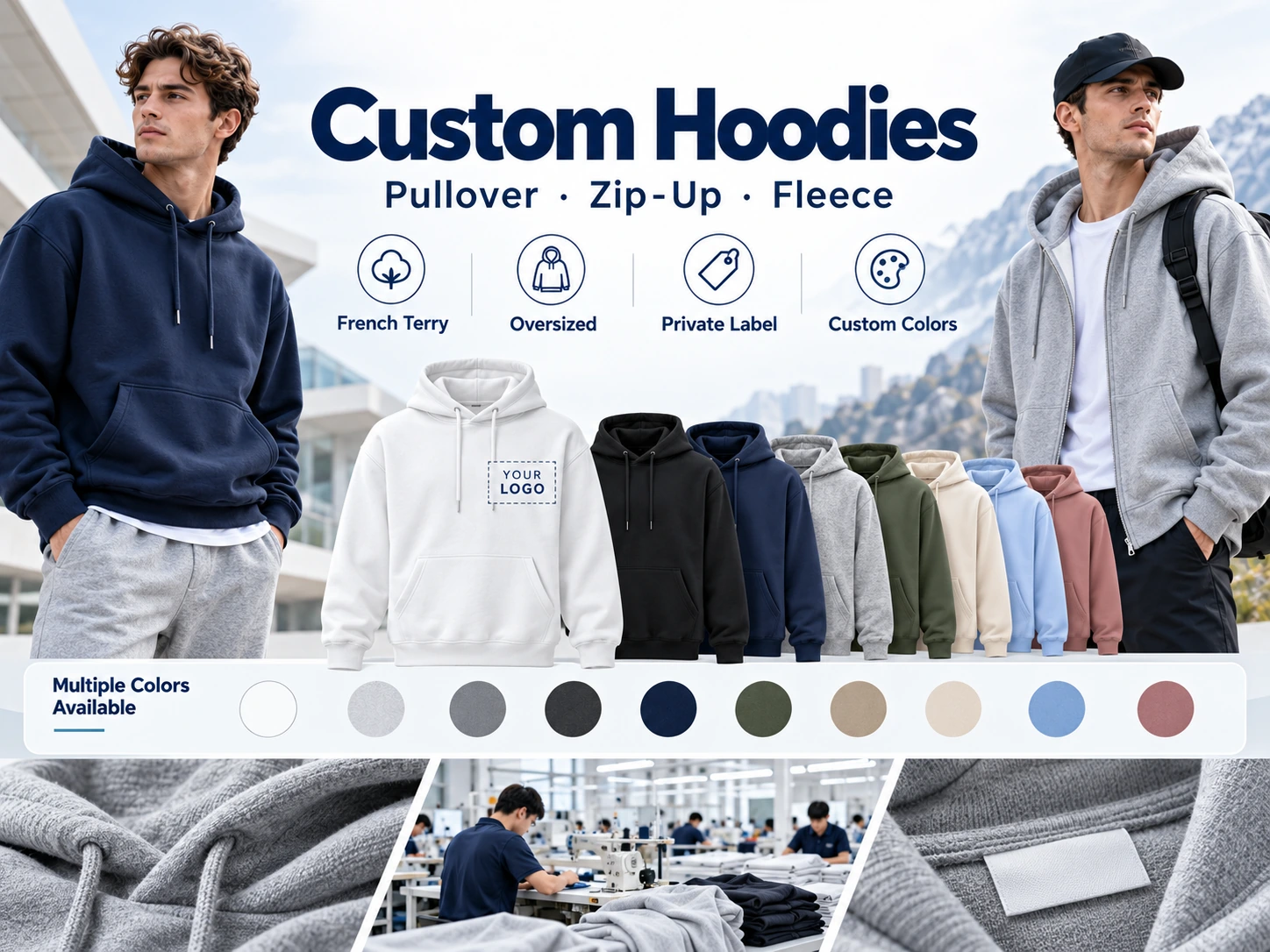 Custom pullover and zip-up hoodies with private labels, fleece, French terry and custom colors