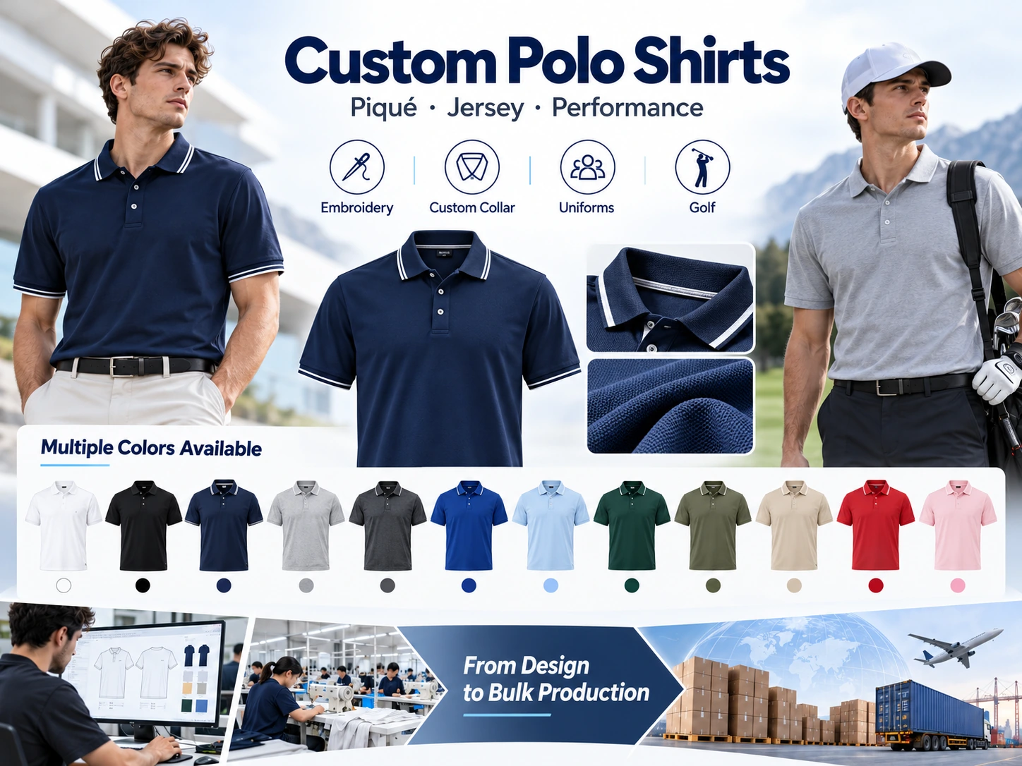 Custom polo shirt manufacturer showing pique fabric, embroidery, collars and color options