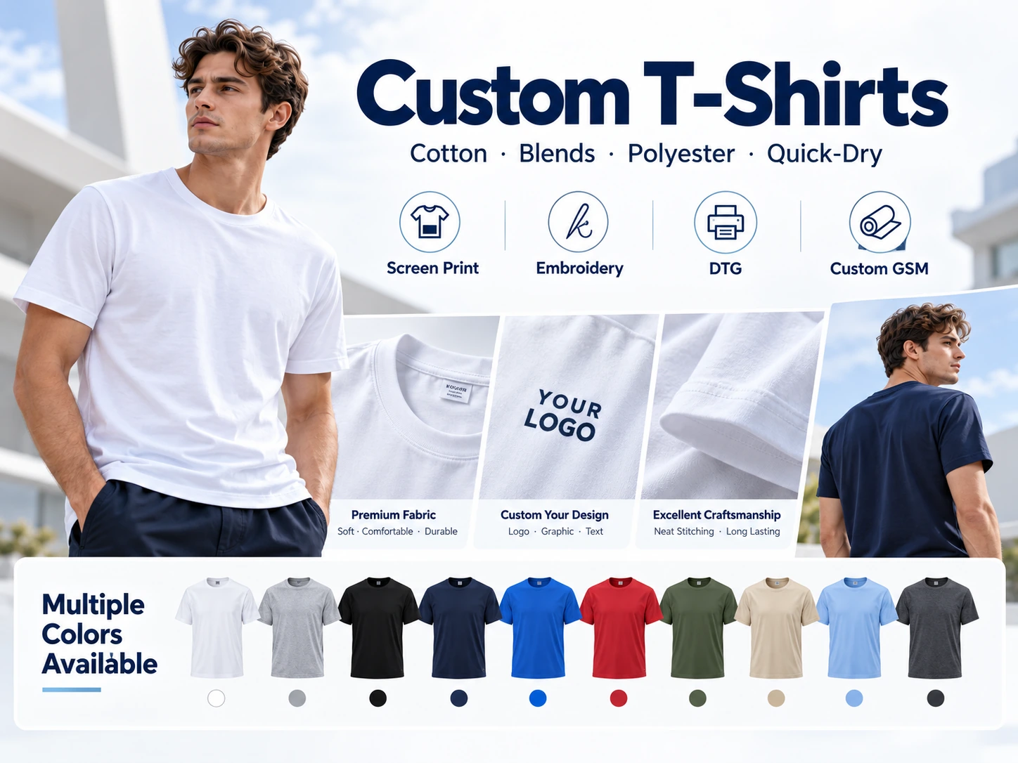Custom T-shirt manufacturing with cotton, polyester, screen printing, embroidery and color options