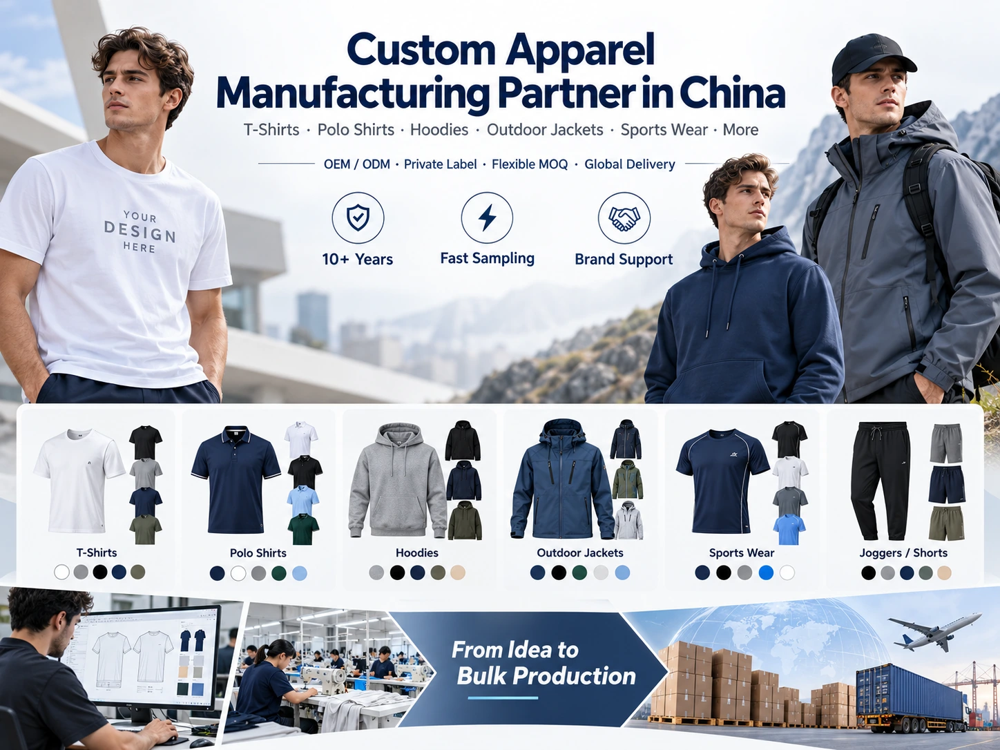 Custom apparel manufacturer in China offering T-shirts, polos, hoodies, outdoor jackets, sports wear and OEM ODM solutions