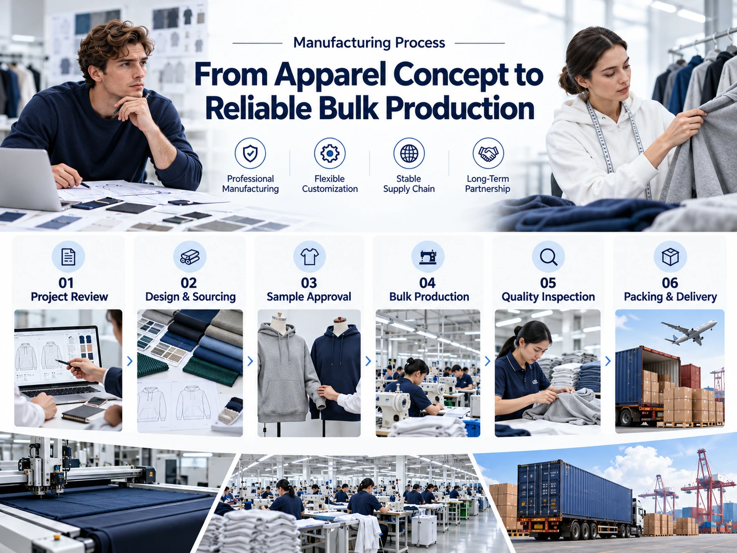 Custom garment manufacturing process from project review and sample approval through quality inspection and delivery