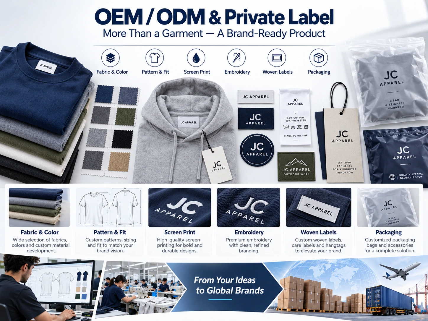 OEM ODM private label apparel customization including fabric selection, embroidery, woven labels and packaging