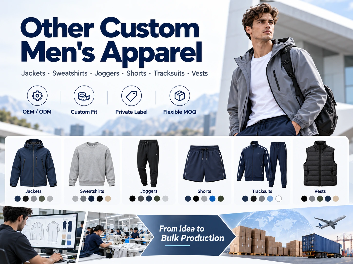 Other custom menswear including jackets, sweatshirts, joggers, shorts, tracksuits and vests