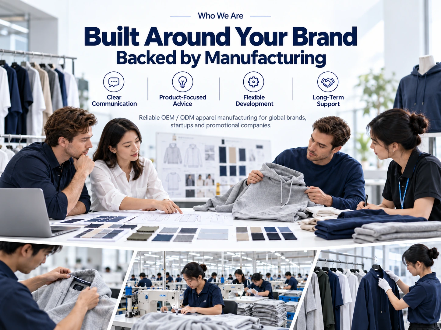 Apparel product development team discussing fabric selection, custom hoodie samples and manufacturing quality control