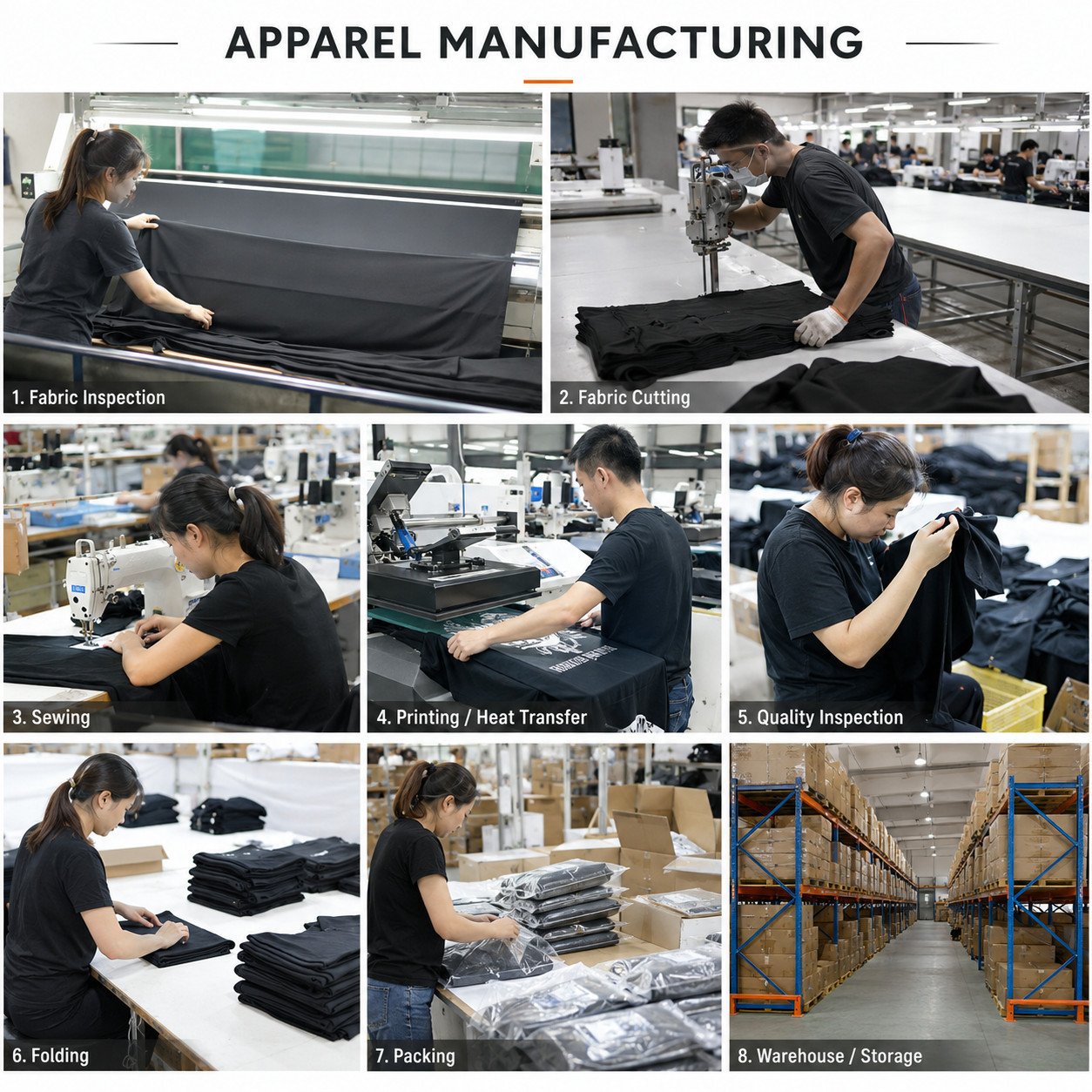 How Much Does a Custom Quick-Dry Long Sleeve T-Shirt Cost? Apparel manufacturing production workflow fabric cutting sewing print inspection packing warehouse